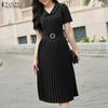 ZANZEA Women Summer Casual V-Neck Short Sleeve Pleated Dress