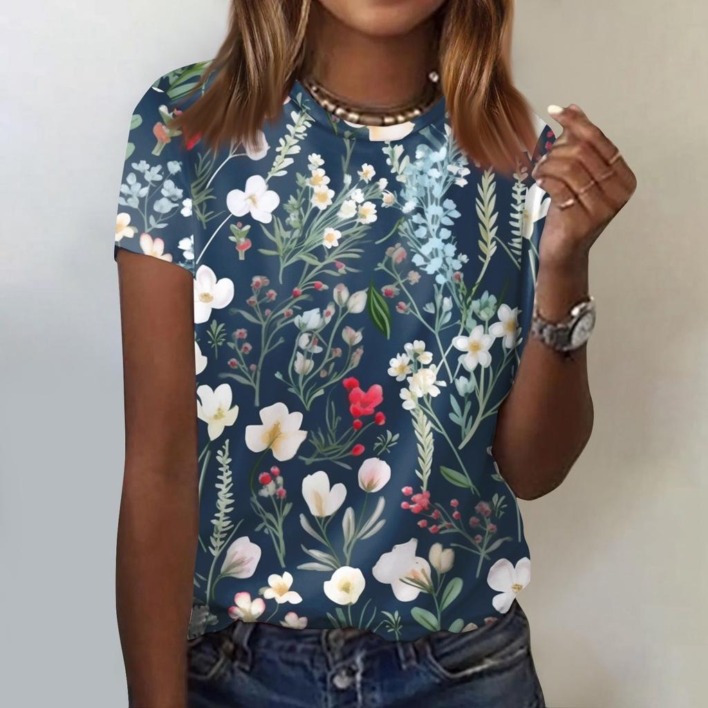 Женская модная повседневная футболка с цветочным принтом и круглым вырезом, топ с короткими рукавами