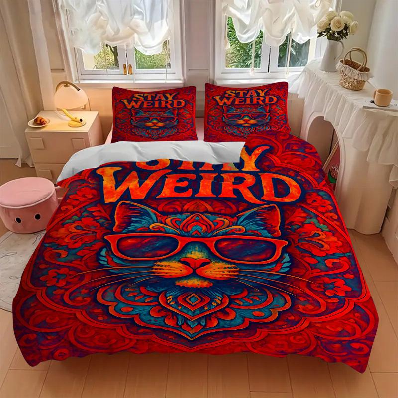 3pcs Stay Weird Cat Duvet Cover Set, Soft Comfortable Duvet Cover,Guest Room (1*Duvet Cover + 2*Pillowcase, Without Core) yy251104167