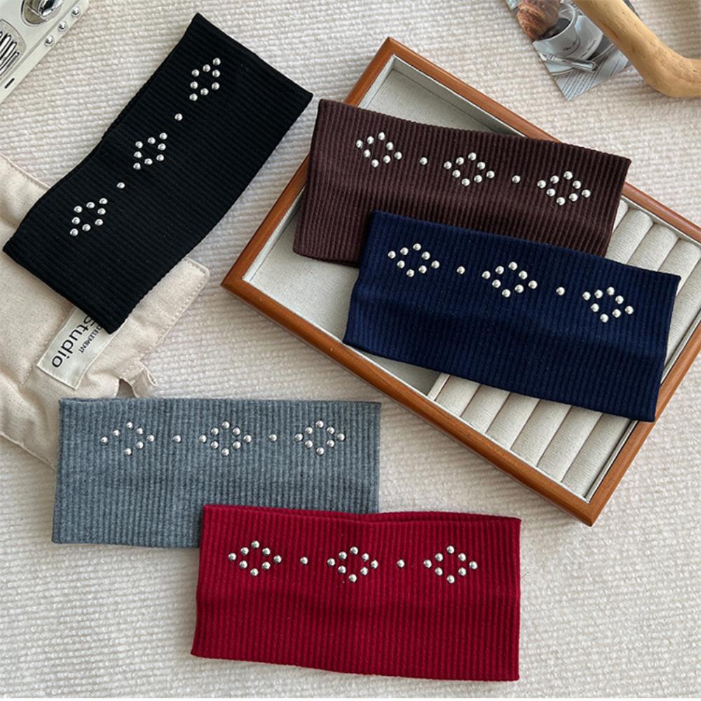 Knit Hair Accessories Versatile Metal Rivet Hairband Elastic Wide Headband Y2k Fashion Hairband For Dating Work Travel