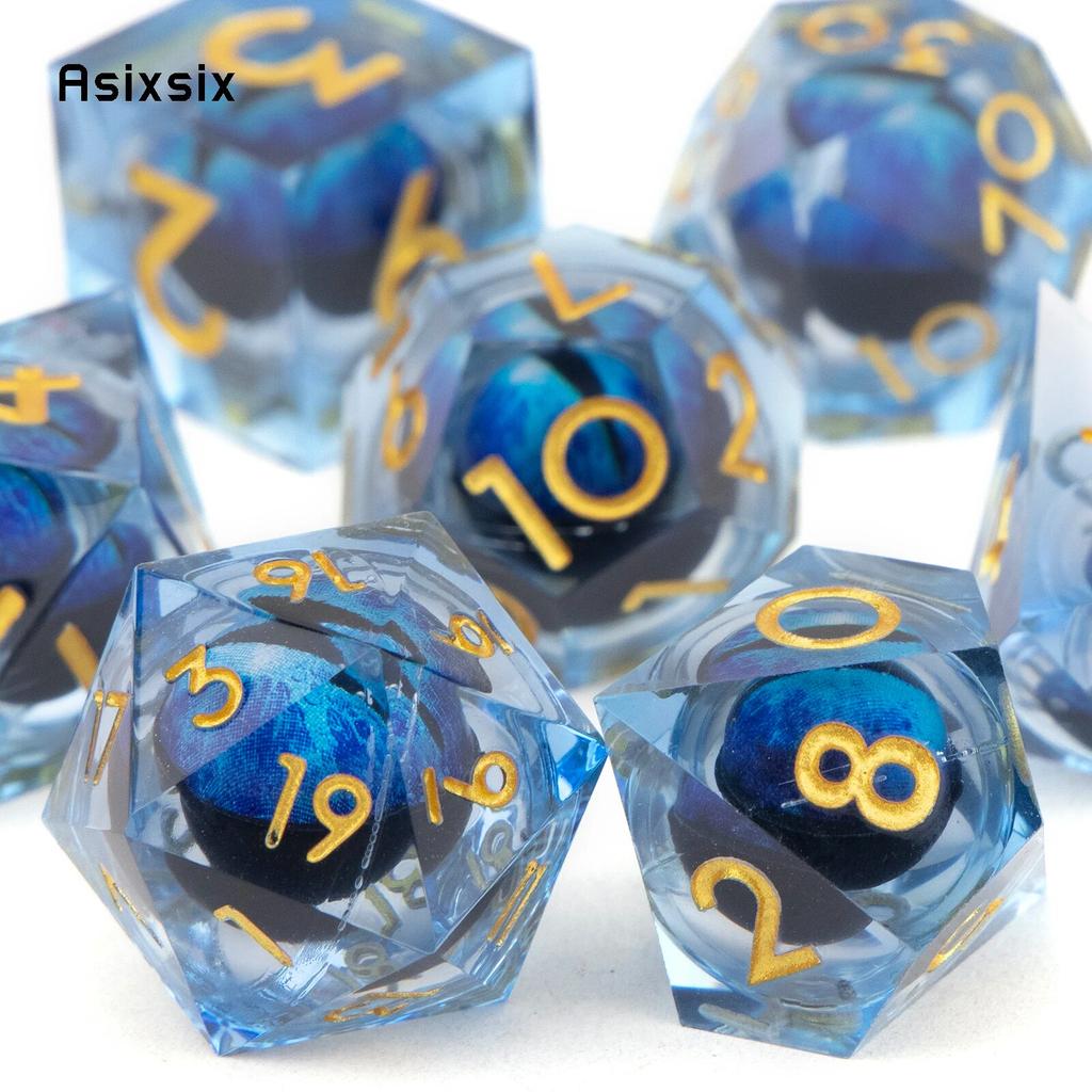 7 Pcs Blue Eyeball Golden Number Sharp Edge Resin Dice Polyhedral Dice Suitable for Role-Playing RPG Board Game