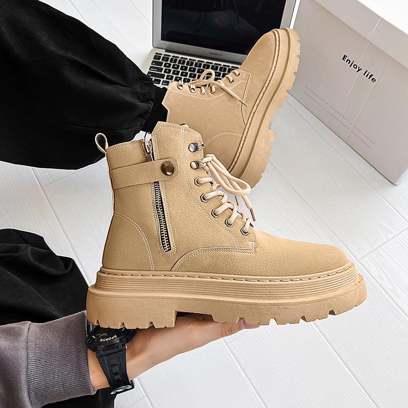 2024 Winter Fashion Men's Cotton Shoes Lace Up Round Head Work Boots Autumn and Winter Thick Sole High Top