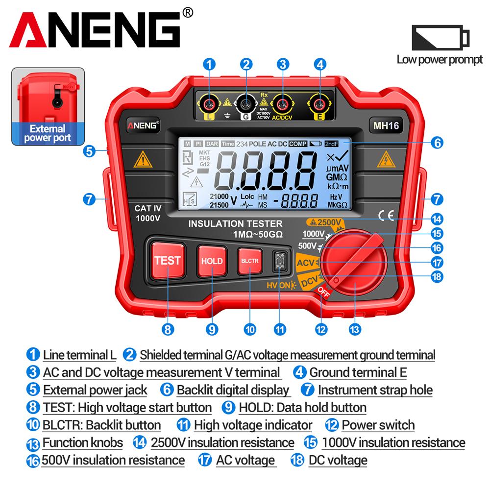 2026 ANENG MH16 Digital Insulation Resistance Megohmmeter High Voltage Earth Ground Resistance Tester LCD Display High Precision Electrical Test Tool