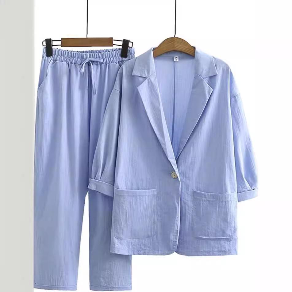 2024 European & American Women's Autumn Cotton-Linen Commuter Suit: Loose Jacket & Pants Set