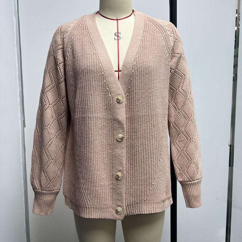 Осенний женский трикотаж, однотонный трикотаж с ромбами и объемными рукавами, свободный однобортный кардиган, свитер