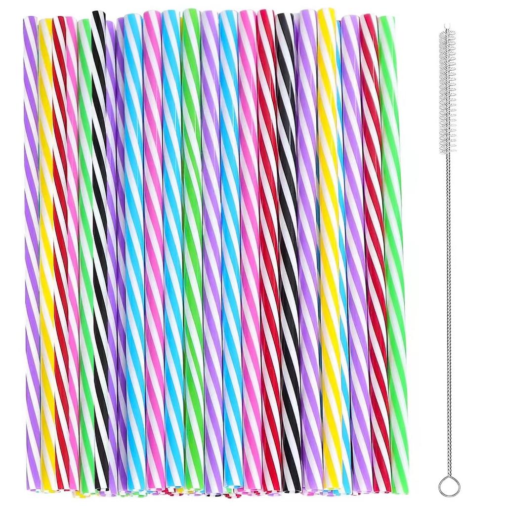 50/100pcs Reusable Plastic Straws Set With Cleaning Brushes Colored Striped Hard Drinking Straws For Smoothies Juice Cocktail