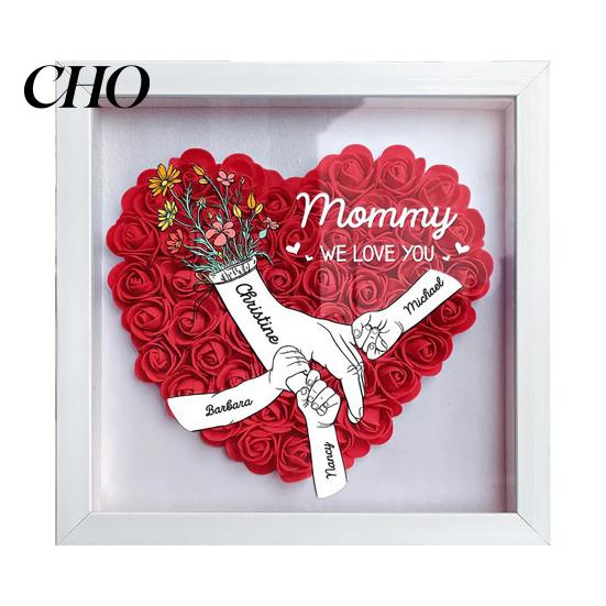 Dustproof Shadow Box Personalized Mommy I Love You Flower Custom Names Holding Hands Frame Gifts for Mom Grandma from Daughter or Son on Mother's Day