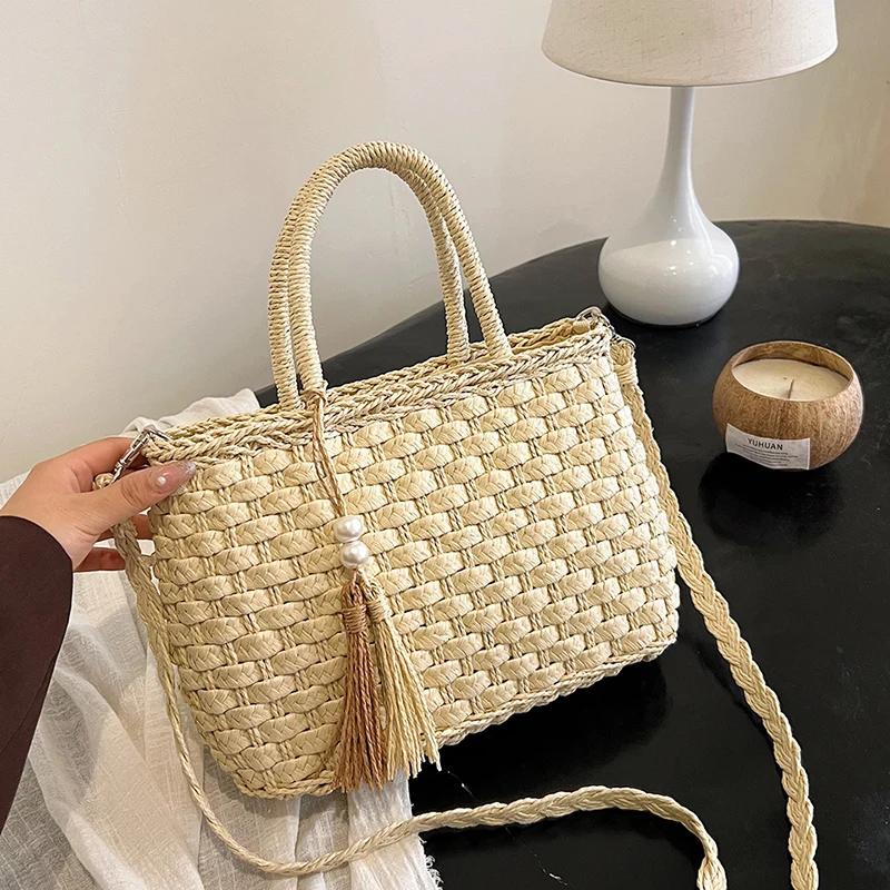 Женская модная соломенная сумка через плечо с кисточками, брендовая дизайнерская плетеная сумка из ротанга, летняя дорожная пляжная сумка, женская сумка