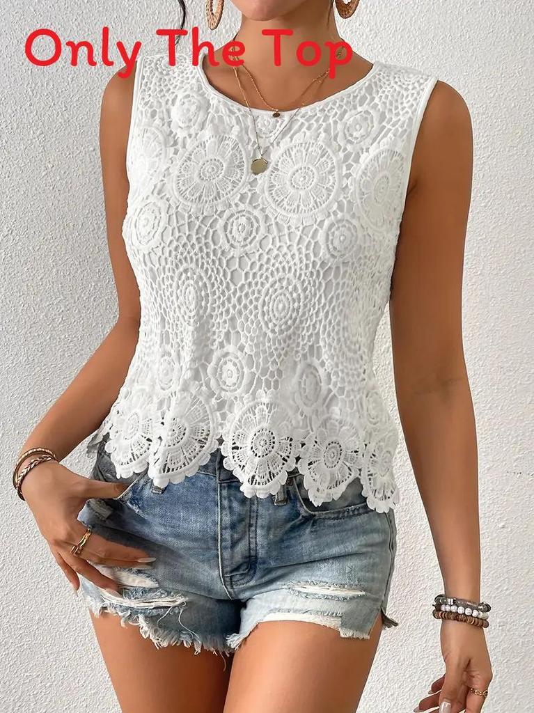 Summer White Cotton Polyester Sleeveless Lace Hollow Tshirt For Casual Wear