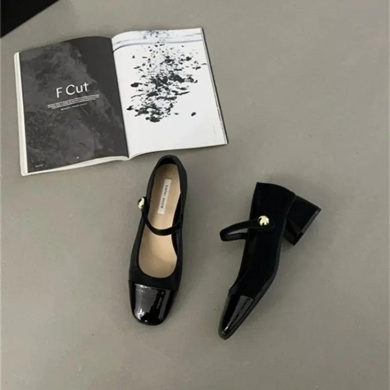 Fashion Thick Heel Mary Jane Single Shoes Women's New Spring French Mid Heel Evening Black Square Head Small Leather Shoes