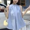 Casual Fashion Pleated Shirts Solid Color Basic Summer Sleeveless French Style Halter Loose Sweet Folds Blouse