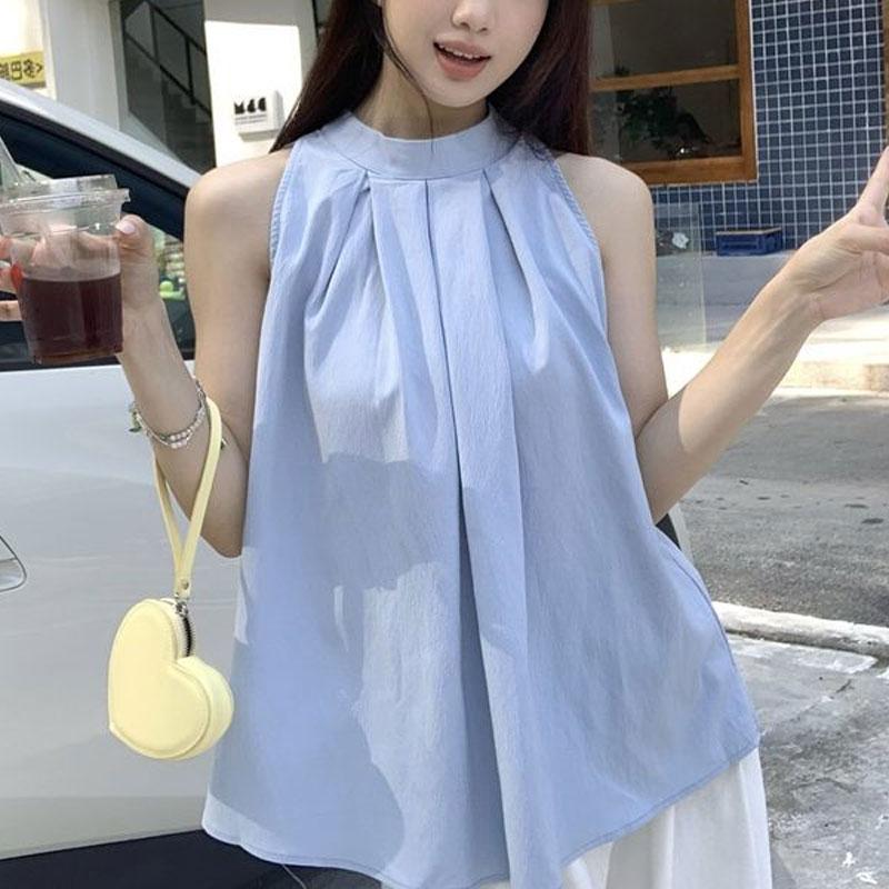 Casual Fashion Pleated Shirts Solid Color Basic Summer Sleeveless French Style Halter Loose Sweet Folds Blouse