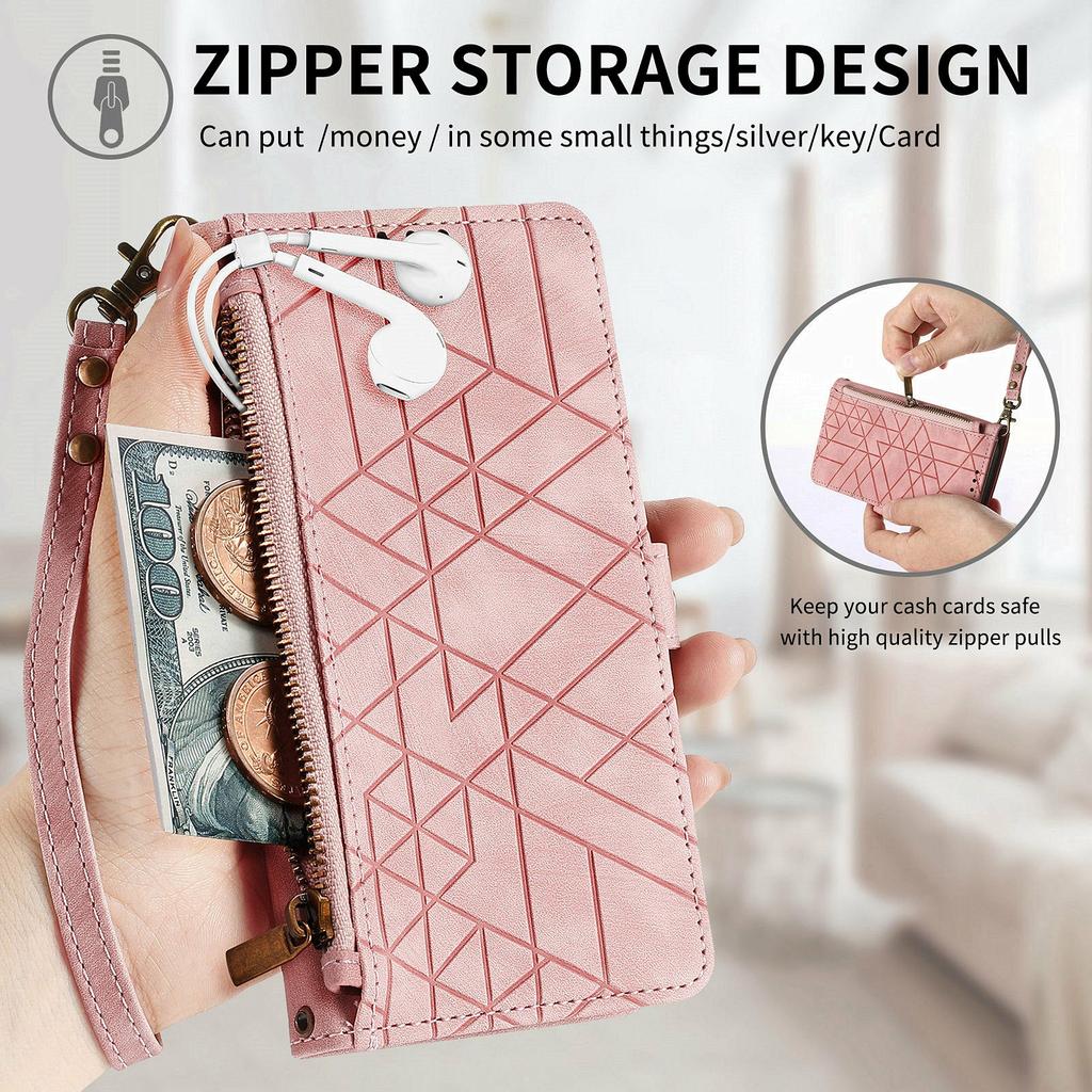 For Oukitel C62 Case Zipper Wallet Geometry Lines Leather Phone Cover with Strap