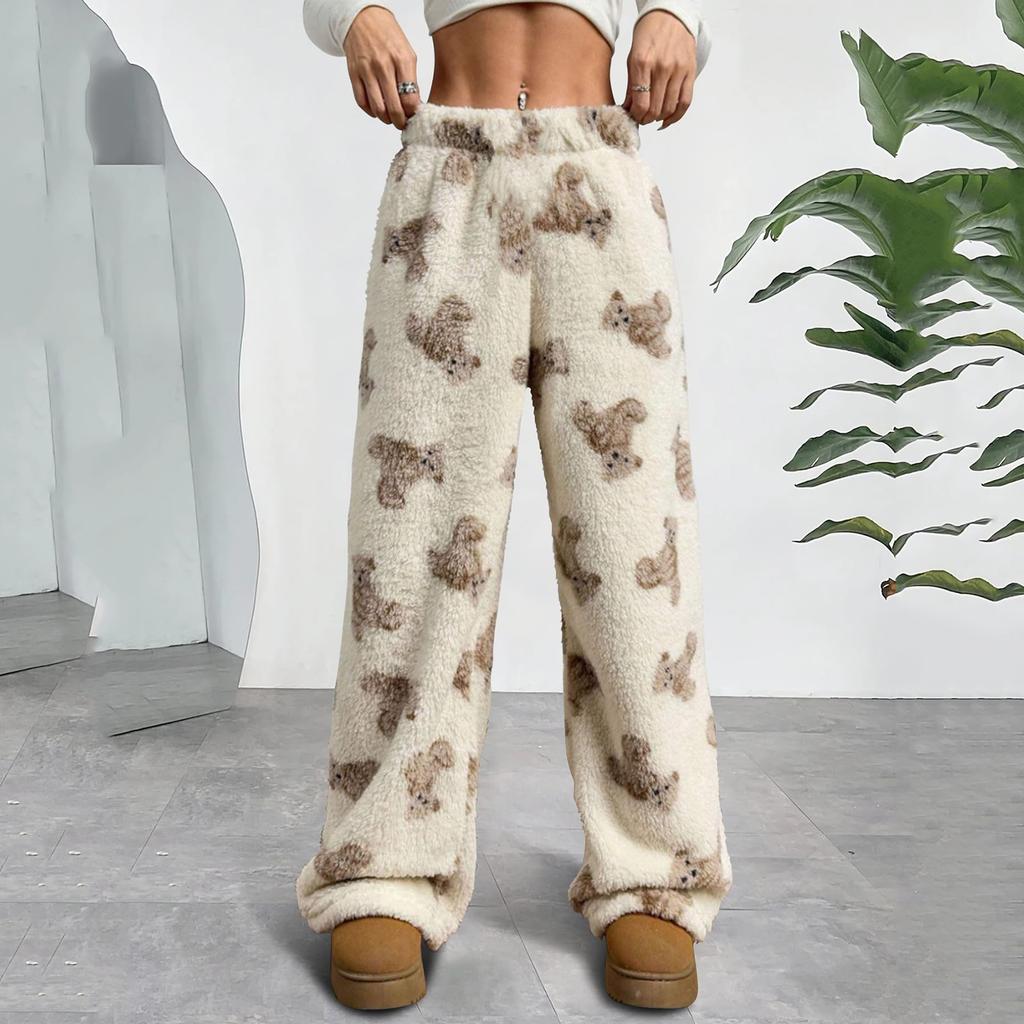 Women's Cute Bear Plush Pajama Pants Wide Leg Plush Casual Pants