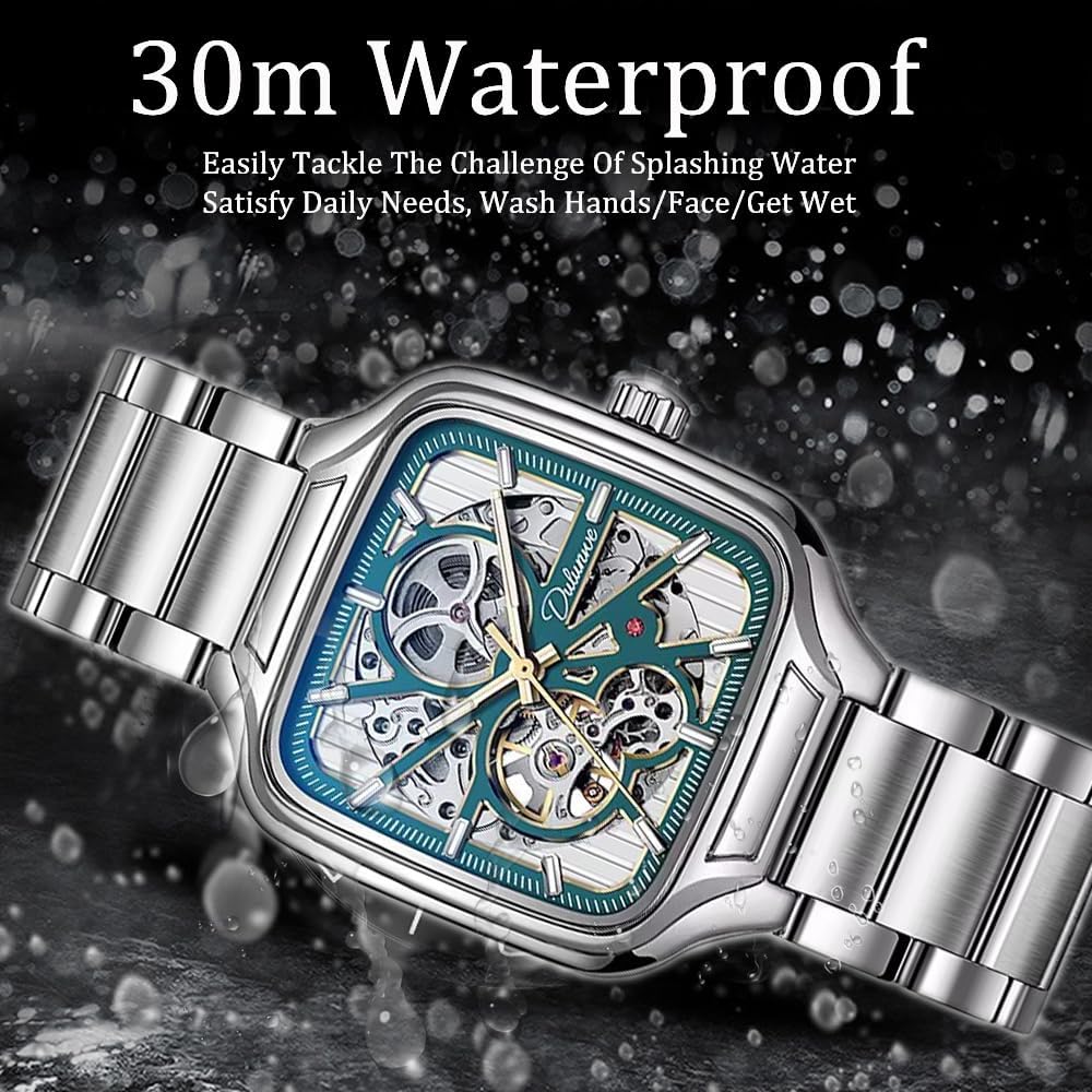 Trend Silver Watches Square Dial Stainless Steel Luxury Hollow Skeleton Mechanical Watch Waterproof Male Gifts Reloj Automático