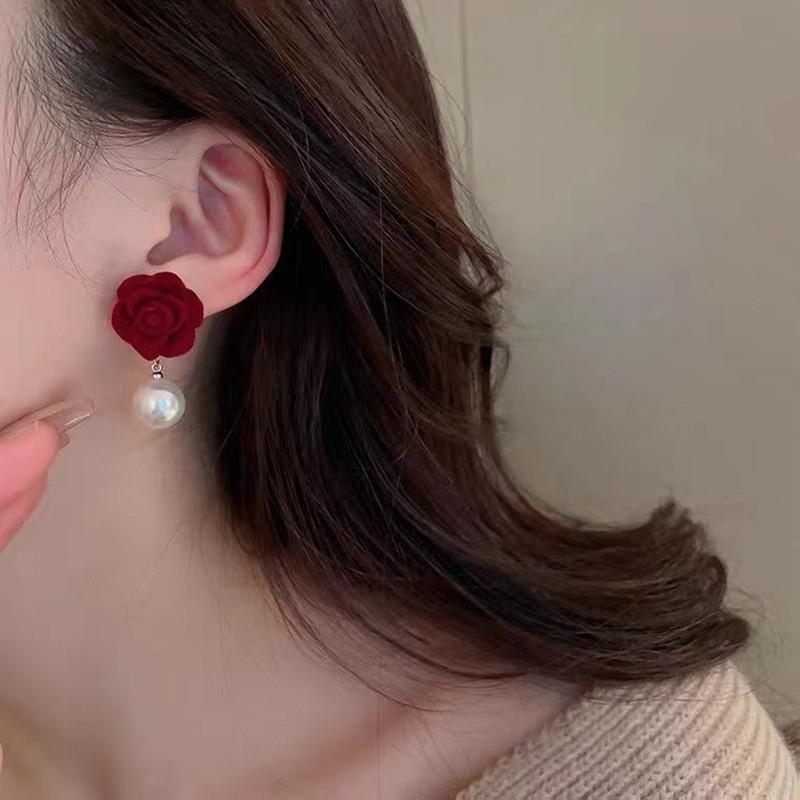 Серьги-гвоздики в виде розы с красным жемчугом, ретро-свадебные серьги в китайском стиле