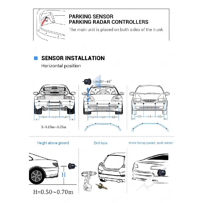 Car Reverse Radar Kit 12VDC Vehicle Parking Sensor System 4 Sensors Backup Assist System with LED Distance Display Sound Warning