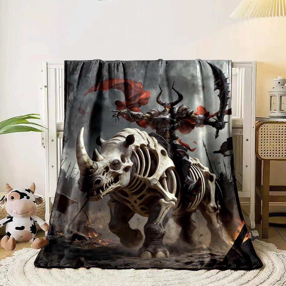 A skeletal rhino ridden by an armored figure with horns and a red cape. for all seasons blanket lunch break throw gift