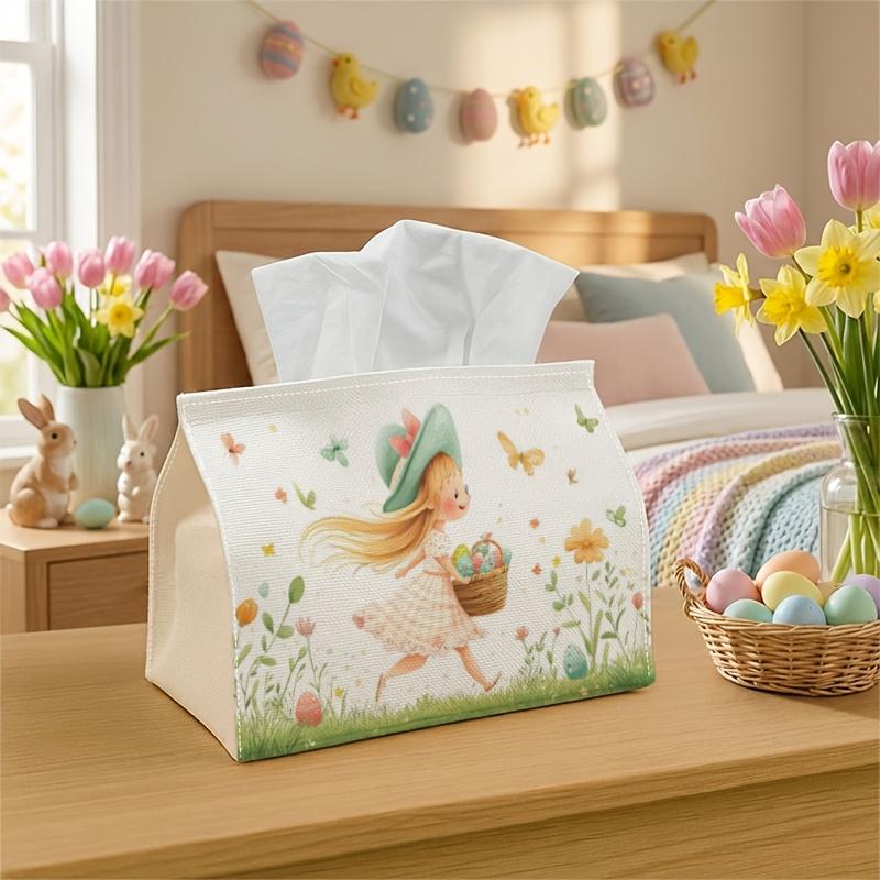 1pc Whimsical Romantic Illustration Tissue Box | Basket Floral Spring - Decorative Storage for Kitchen, Dining Room, Living Room, Bedroom, Car - Holid