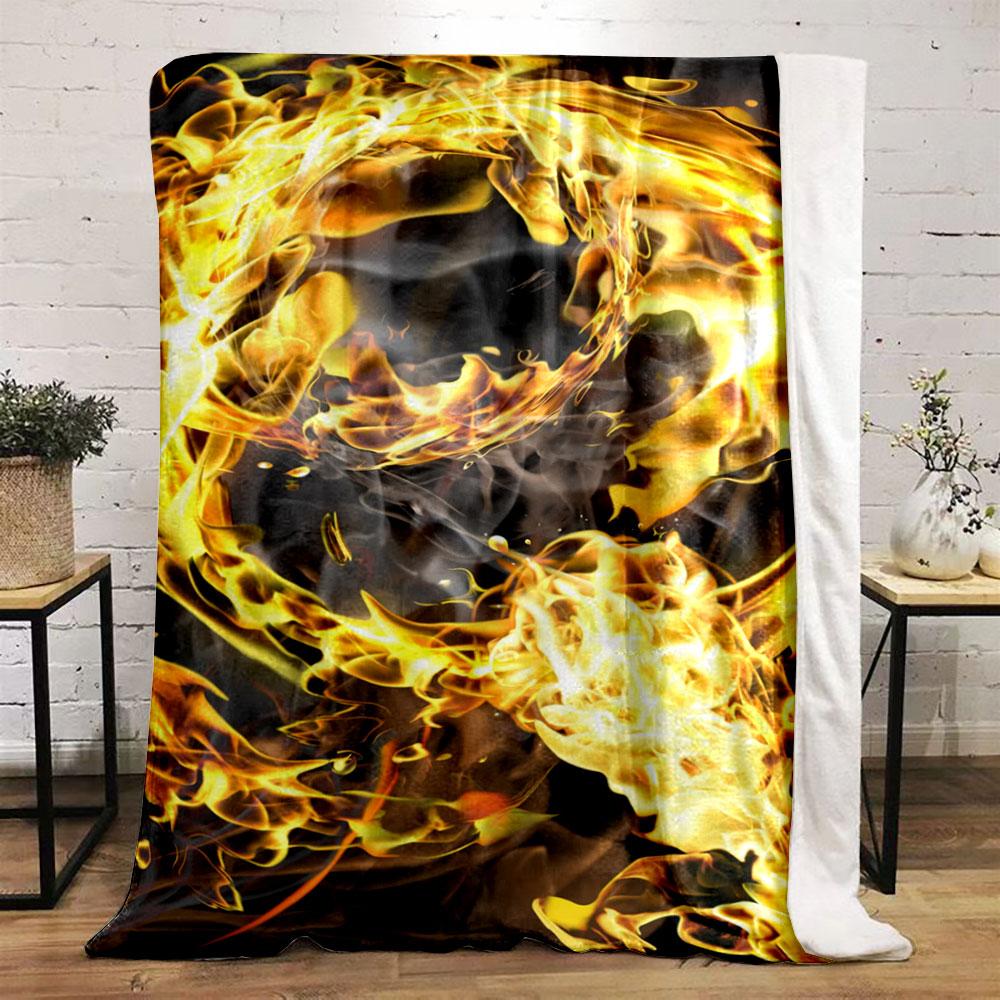 A swirling pattern of vibrant yellow and orange flames with smoky accents. for all seasons blanket lunch break throw gift