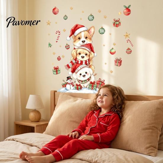 Watercolor Puppy Wall Stickers Christmas Decals, Stacked Dogs Stickers, Self‑Adhesive PVC Xmas Holiday Party Decorations for Bedroom Living