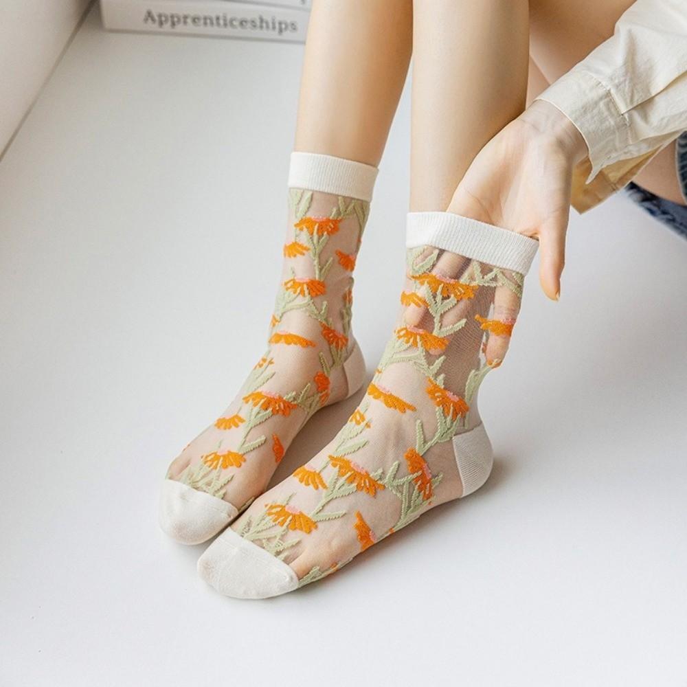 Crystal Silk Floral Embroidery Socks Ultra-Thin Nylon Long Socks Chic Mid-Tube Socks  Cosplay