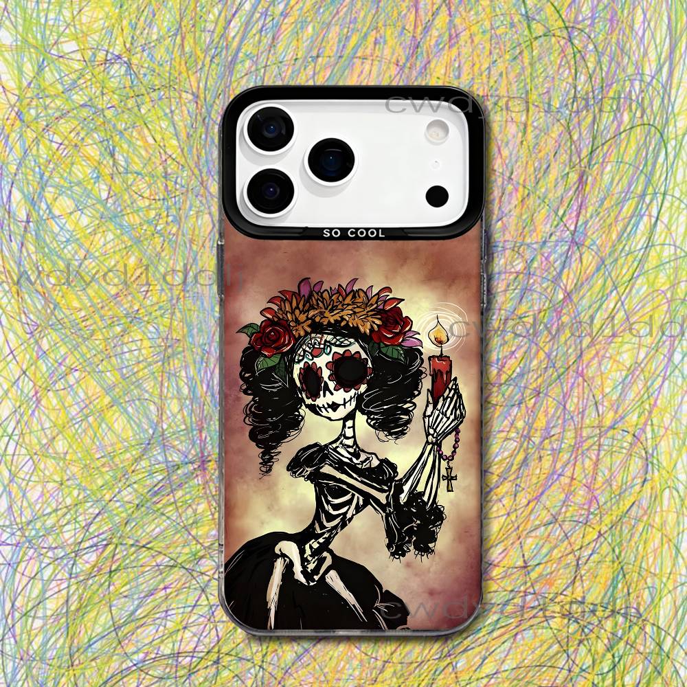 Mexican Catrina Skull Girls For iPhone 17,16,15,14,13,12,X,8,Pro,Max,Plus,SE4,Air,Mini Black IMD Matte Case