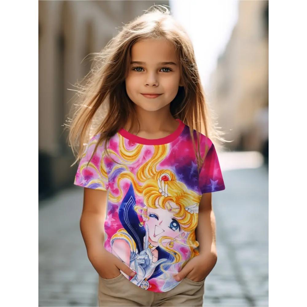 Одежда для девочек Футболки для девочек Топы с коротким рукавом Детская летняя одежда Мультяшные аниме-принты Детская одежда с круглым вырезом