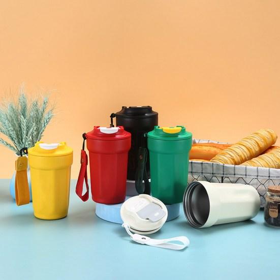 Кофейная чашка из нержавеющей стали с вакуумной изоляцией, гладкий край с веревкой для переноски, изоляционная кружка для офисного стола