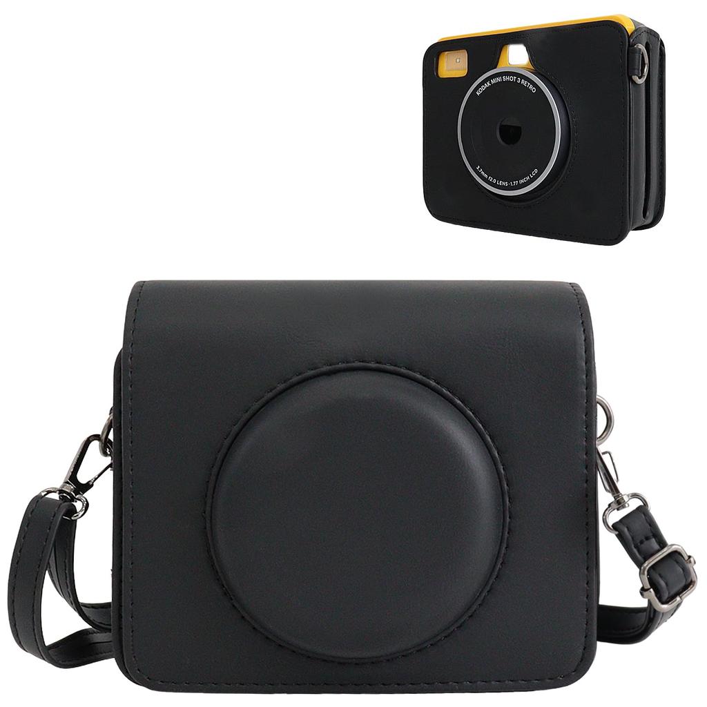 HIYQIN Protective Case for Kodak C300R/Mini Shot 3 Retro 2-in-1 Camera, PU Leather Bag with Adjustable Shoulder Strap - Black