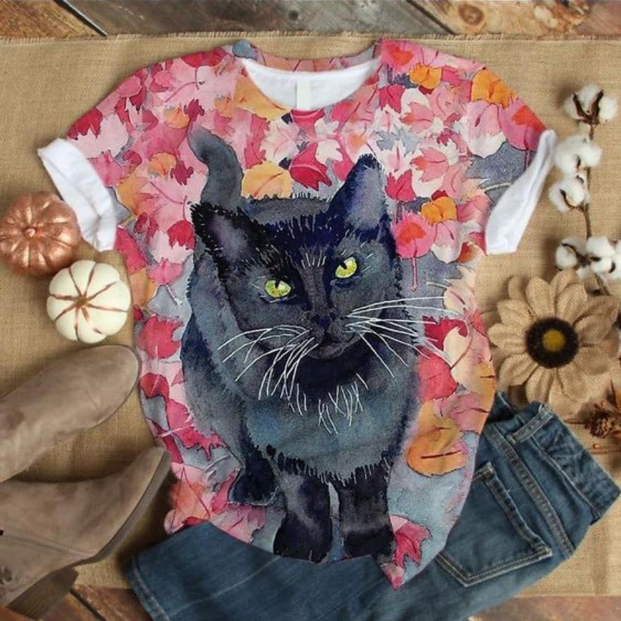 Summer Women's Fashion Short Sleeve T-shirt Cat 3D Print Hot Sale Streetwear Female Shirt O-Neck Regular Casual Blouse