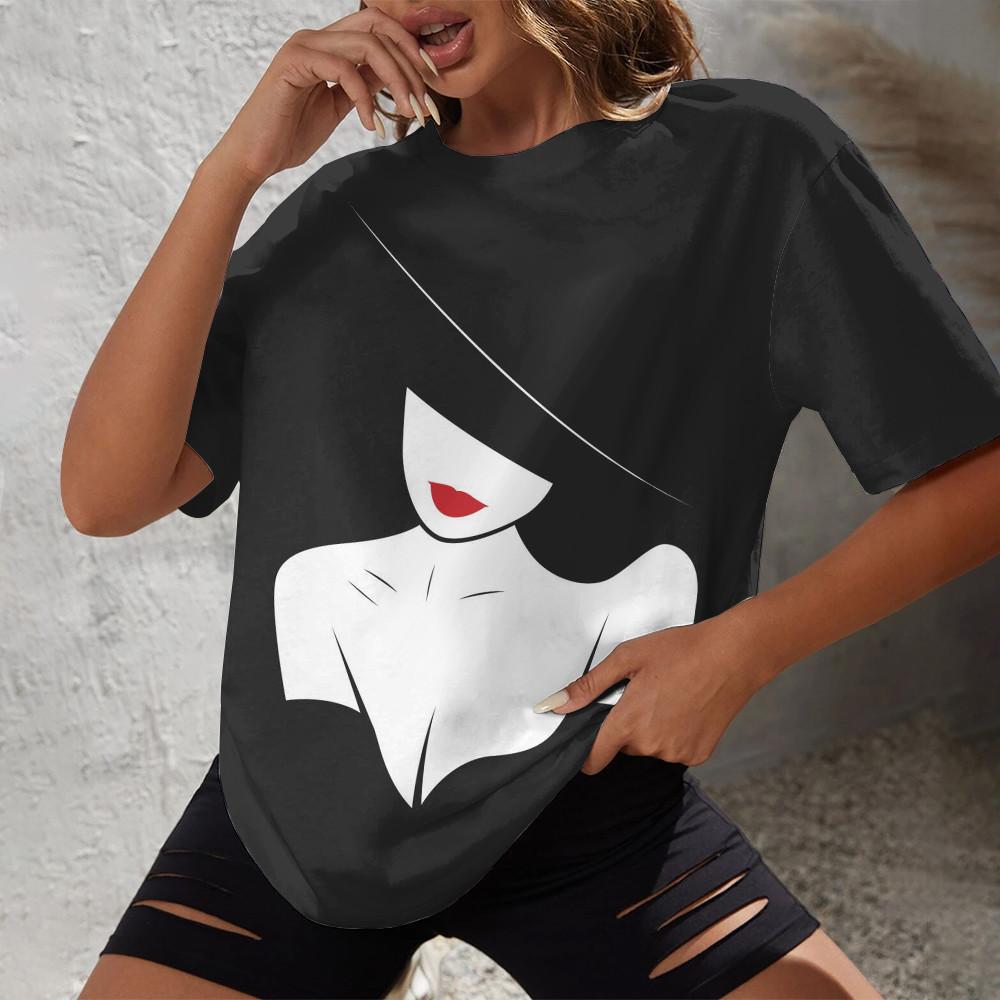 Летняя уличная повседневная и удобная повседневная женская футболка 2024 года, минималистичная футболка с круглым вырезом и короткими рукавами с принтом и портретом