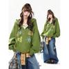 Women Green Vintage Graffiti Hoodie Fleece Lined Thick Winter Sweatshirt Loose Fit Coat