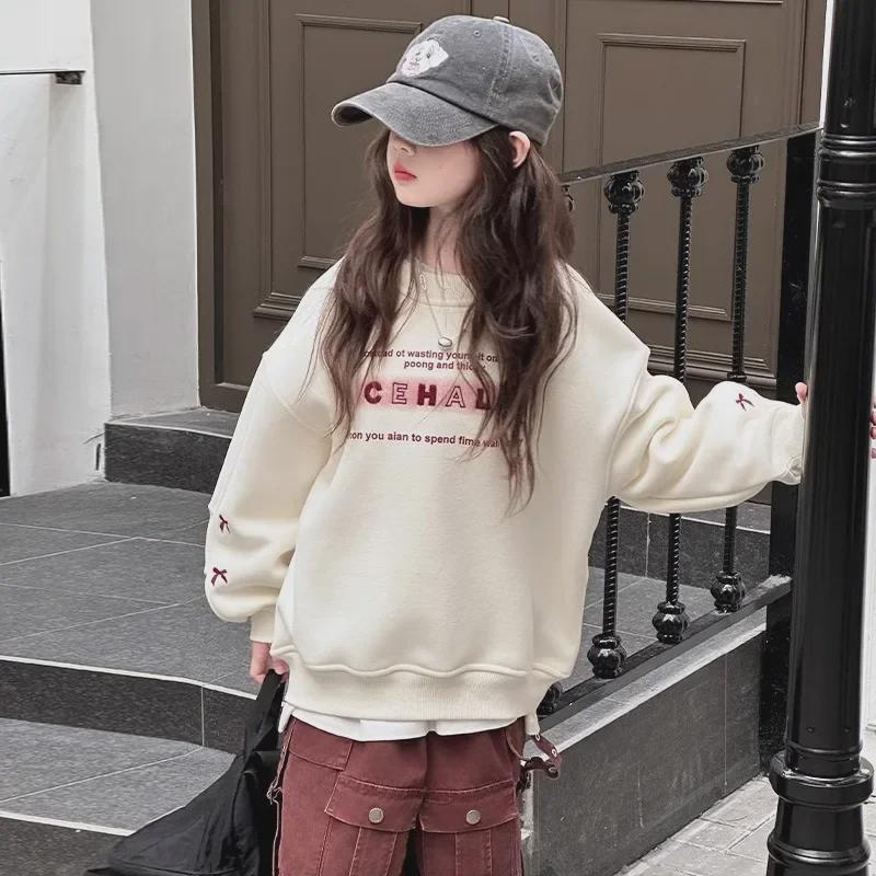 Свитер Heart Plus Velvet для девочек — милый пуловер с длинными рукавами для детей, осенне-зимний корейский стиль, однотонный универсальный дизайн.