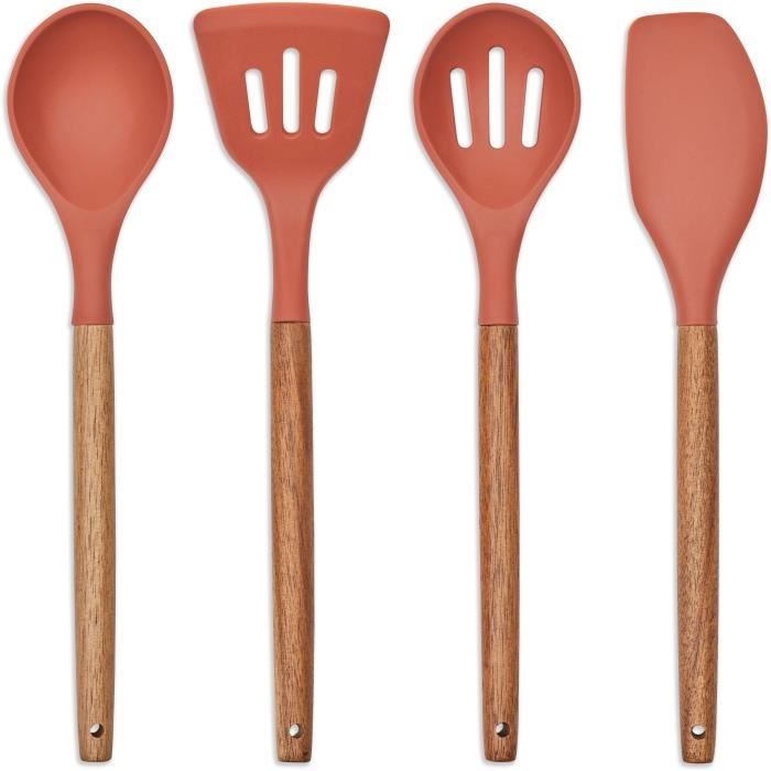 Set de 4 ustensiles - LIVOO - MES153 - Pot et ustensiles acacia FSC - En silicone 31 cm - Pot 15 x 12 cm