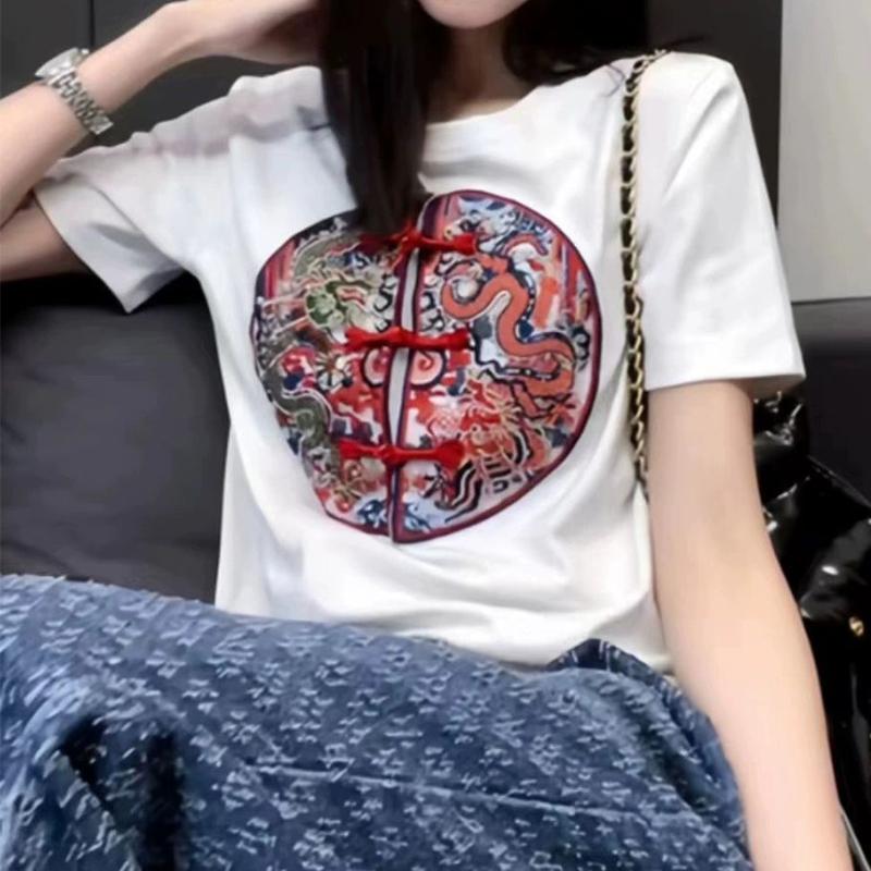 Летняя женская свободная повседневная футболка с коротким рукавом в китайском стиле с винтажной вышивкой в виде лягушки, женские пуловеры