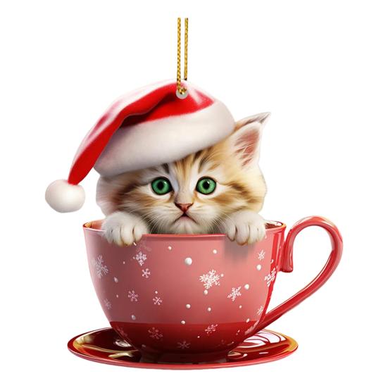 Christmas Pendant 2D Acrylic Cat Sitting Mug Charm Hanging Decor with Lanyard Holiday Party Decoration