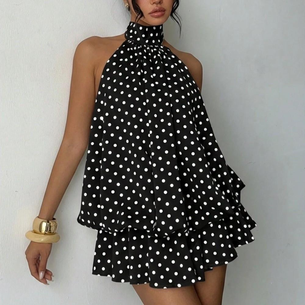 Sleeveless A Line Halter Dress Off Shoulder Chiffon Dress Elegant Polka Dot Dress Holiday