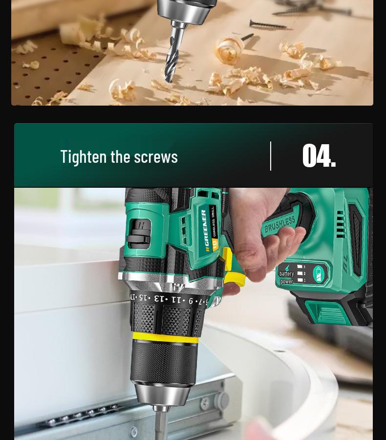 **Green Forest Impact Brushless Lithium Hand Drill: Multi-functional, High Power, Small Household Drill for Wall Chipping and Hole Drilling.**