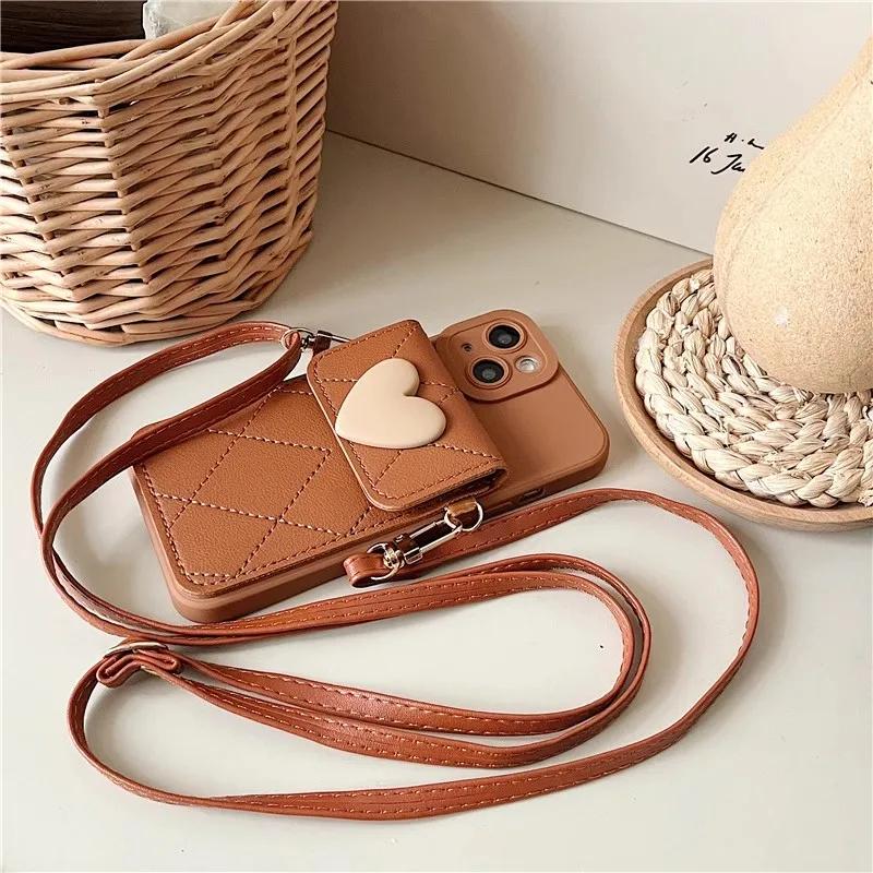 Cute Crossbody Lanyard Necklace Strap Card Holder Phone Case For iPhone 16 15 14 11 12 13 Pro Max X XR Plus 3D Love Heart Cover