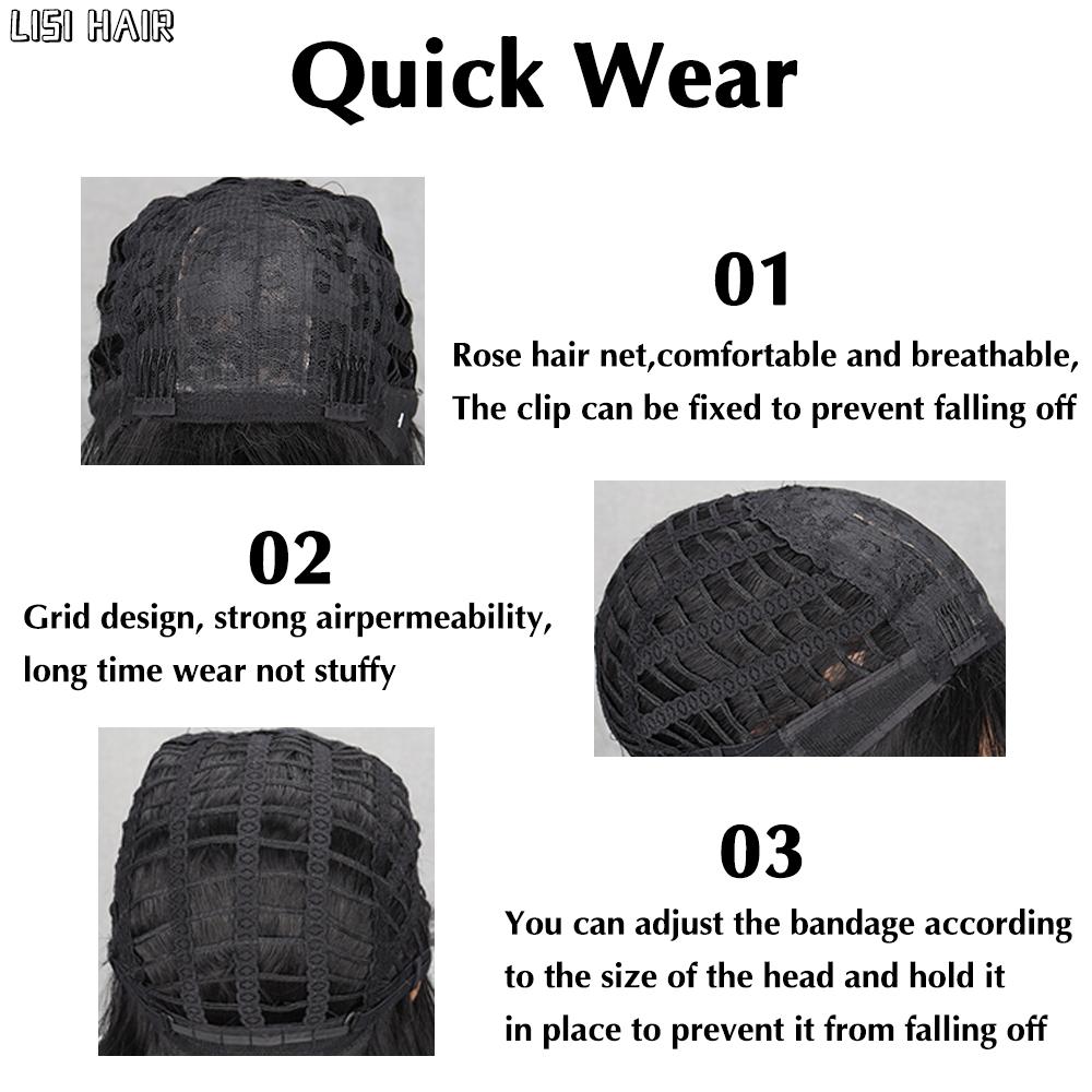 LISI HAIR Synthetic Short Wave Dark Hair Wigs With Bangs Wig Roots Heat Resistant Fiber Fluffy Hair For Women Cosplay Wear