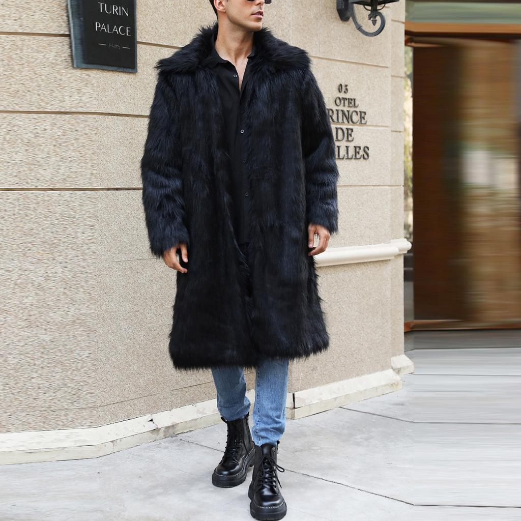 Men's Faux Animal Hair Long Coat Warm Overcoat Turn Down Collar Coat Cardigan Winter Fuzzy Fleece Jacket Open Front