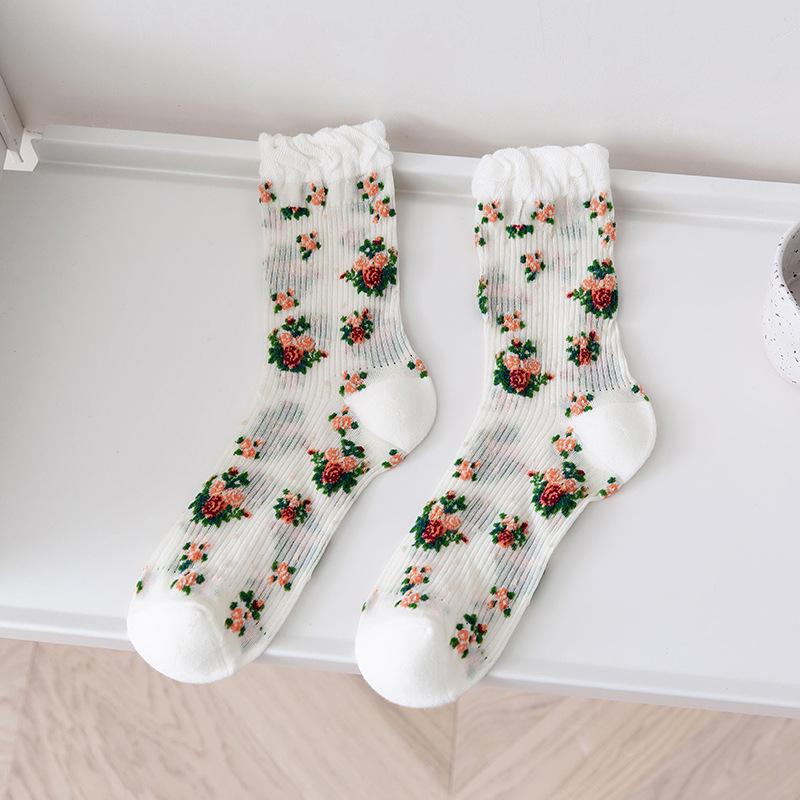 Harajuku Ретро женские носки винтажные этнические цветочные принты японские милые носки Kawaii женские летние сетчатые тонкие шелковые кружевные носки с рюшами