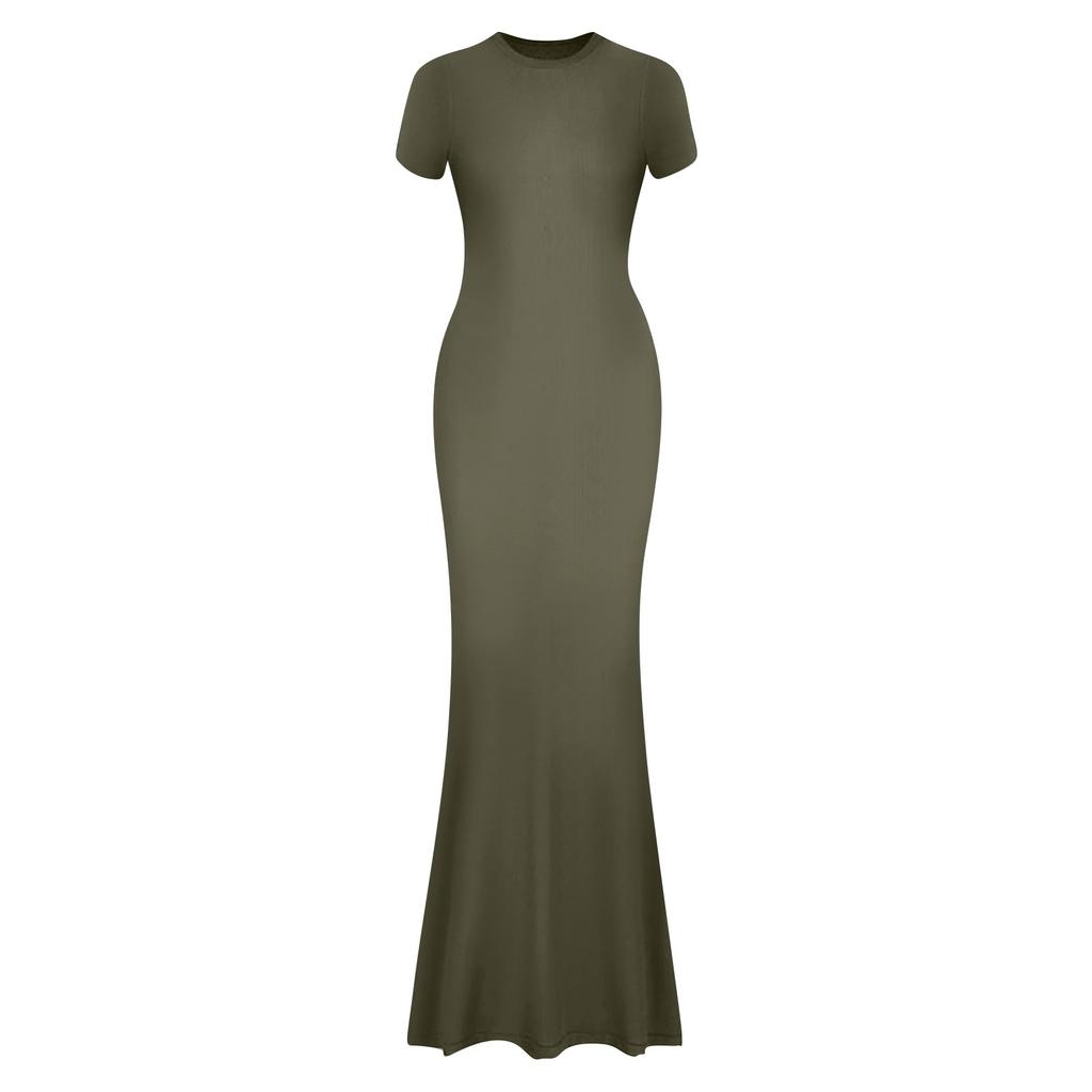 Женское модное и сексуальное однотонное длинное платье с круглым вырезом и короткими рукавами