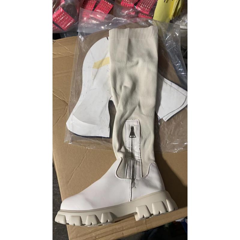 Модные туфли на плоской подошве, ботинки на толстой подошве, весна-осень, дышащие, вязаные, с носком, женские, высокие сапоги до бедра, эластичные, с круглым носком, большие размеры