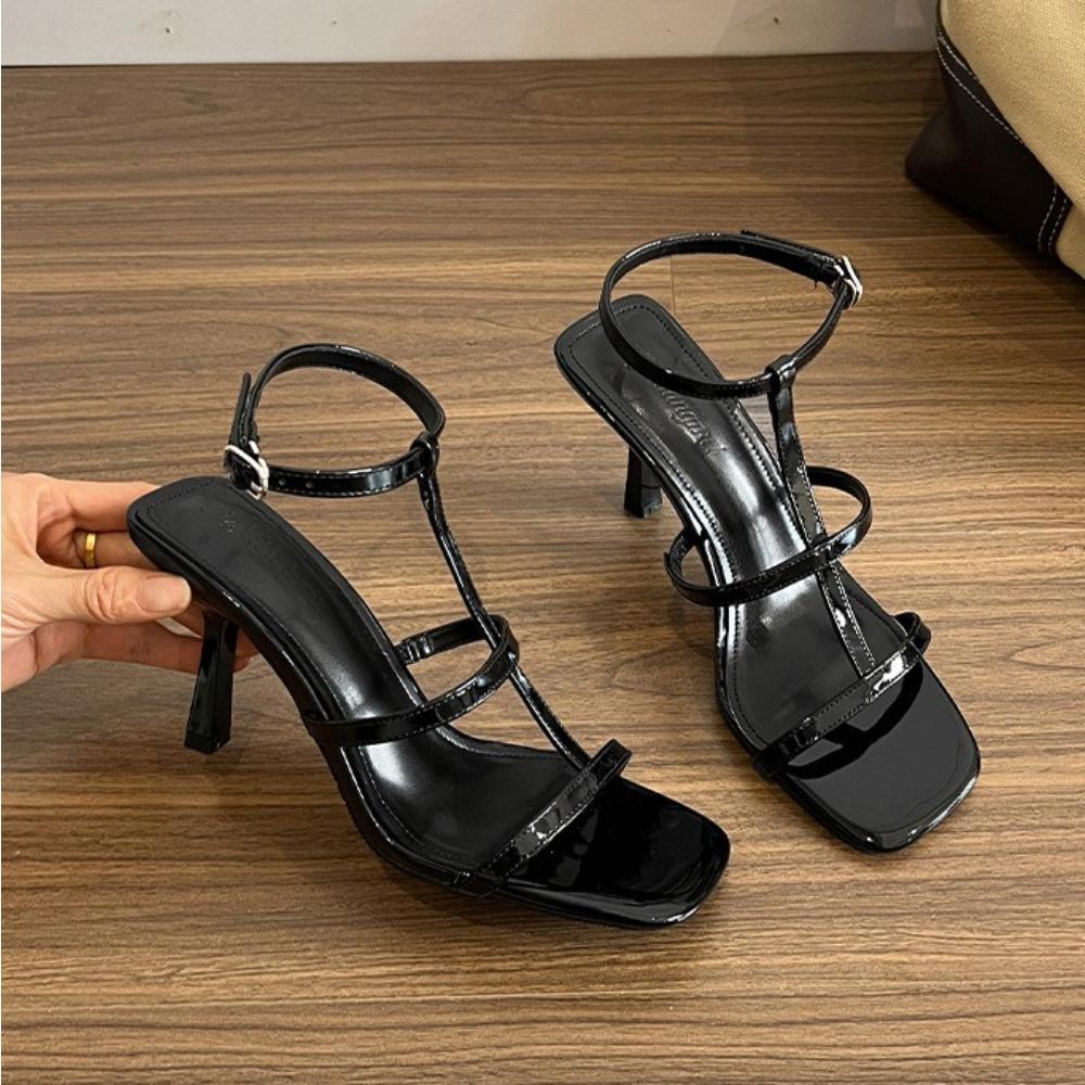 Fashion High-heeled Sandals Women's 2025 Versatile Ice-through Nude One-word Strap Sandals Summer Square-heeled High Heels Women