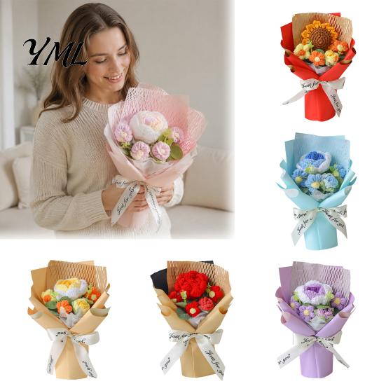Floral Home Table Decor Hand Crocheted Yarn Flower Bouquet, Knitted Artificial Rose Sunflower, Handmade Decorative Ornament Crochet Flowers