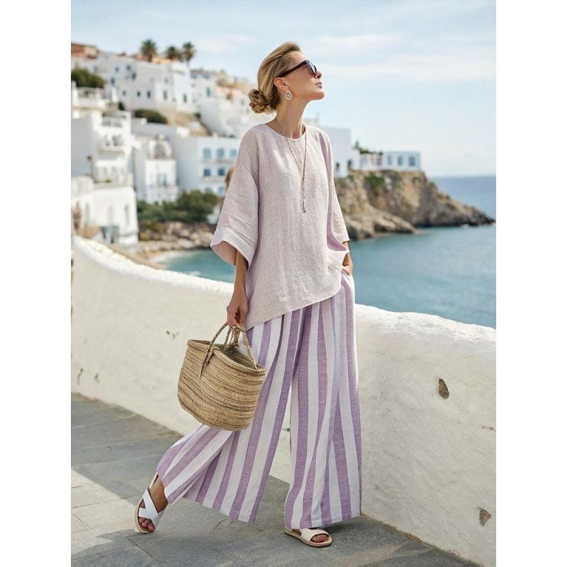 Printed short-sleeved shirt trousers set Comfortable casual loose round neck top High waist trousers two-piece set