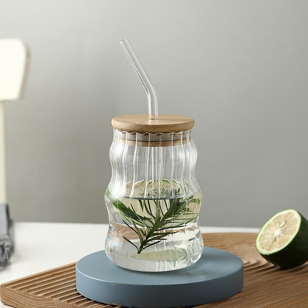 500ml Glass Tumblers Cups With Straw Mason Jar Clear Juice Coffee Milk Cup With Bamboo Lids Drinkware Stripe Beer Mug