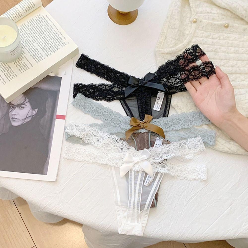 Color Blocking Low Waist Lace Mesh Thongs Bowknot Sweet Lace Strap Panties Cotton Crotch Underpants Underwear for Women Women